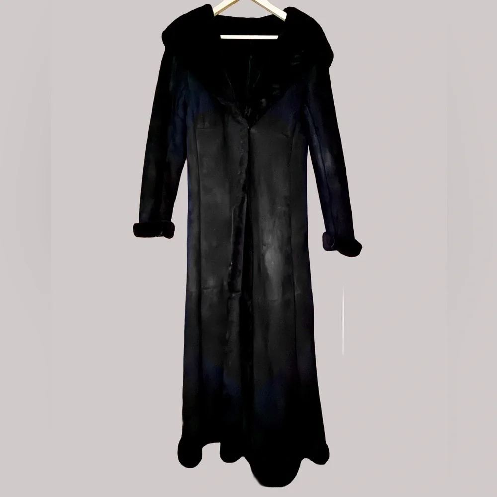 Women’s Long Black Shearling with Hood - Picture 2 of 4